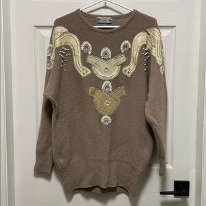Traffic | Vintage | 80’s | Tan | Tunic Sweater wCream Leather & Bling | Size M